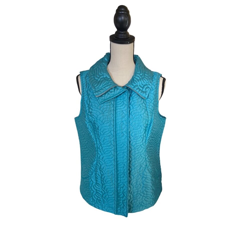 Chicos Weekends Womens Quilted Teal Zip-Up Vest Size 1 Medium Collared